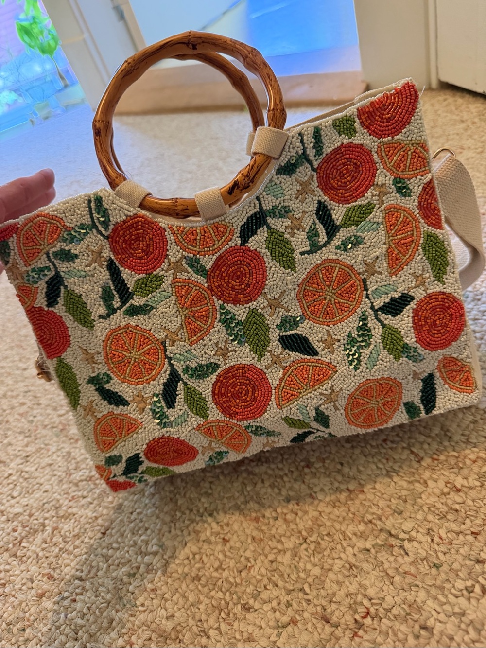 Beaded Citrus Print Tote Bag with Bamboo Handles - Cream/Orange/Green - Picture 2 of 2